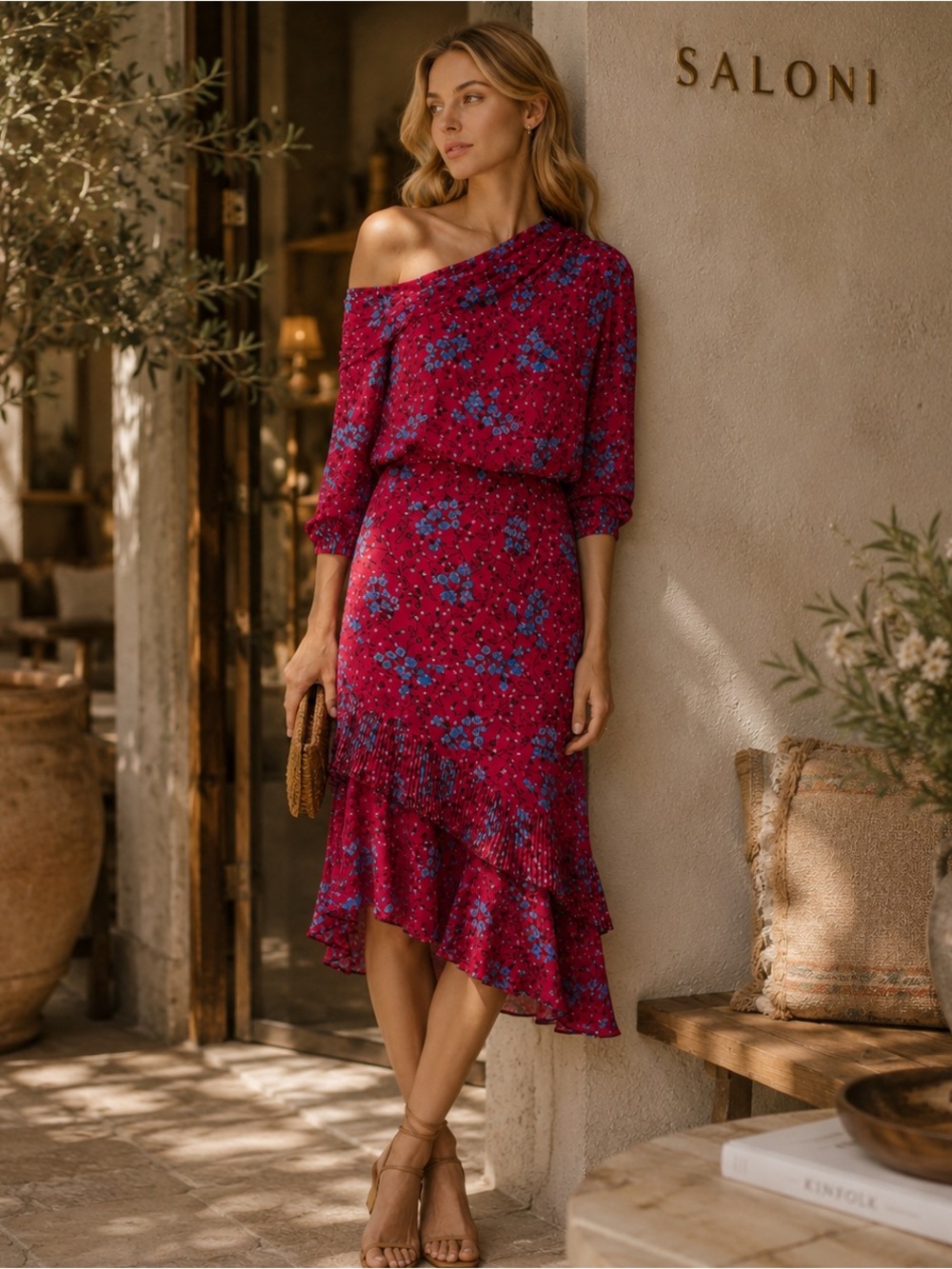 SALONI Lexie 100% SILK Floral Asymmetrical Ruffle Pleat Off Shoulder Dress US 4